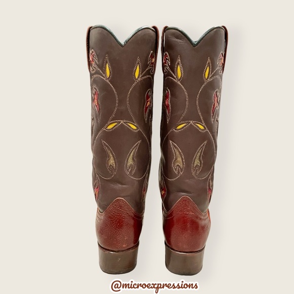 1970s VINTAGE Frye Prairie Flower Boho Brown Real Leather Western Cowboy Boots - Picture 9 of 15